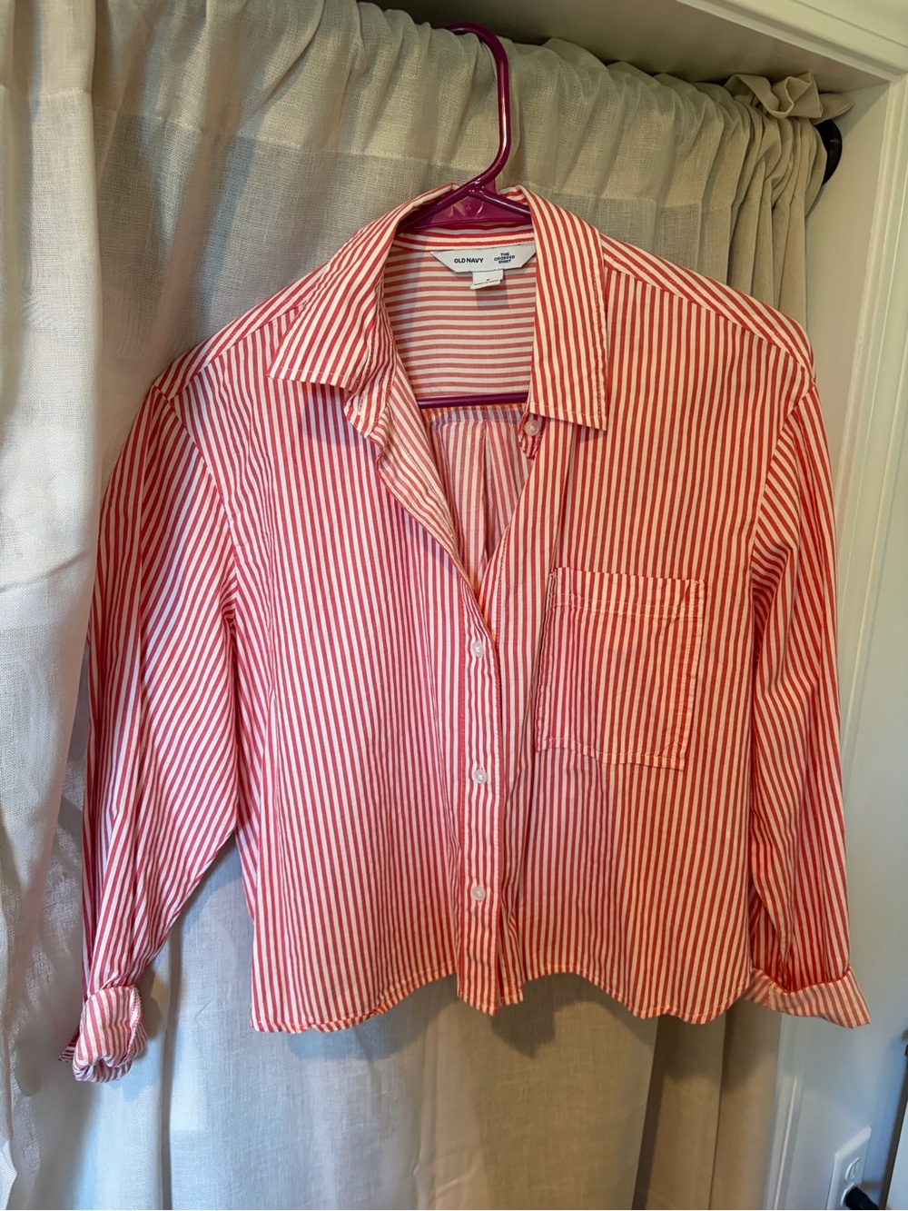 Old Navy Red and White Striped Button-Front Shirt Jacket